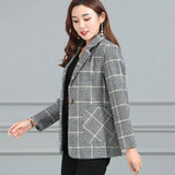 PEONFLY Vintage Office Lady Notched Collar Plaid Women Blazer Single Button Autumn Jacket 2021 Casual Pockets Female Suits Coat