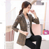PEONFLY Vintage Office Lady Notched Collar Plaid Women Blazer Single Button Autumn Jacket 2021 Casual Pockets Female Suits Coat