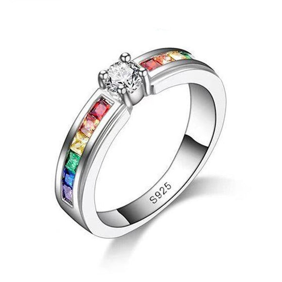 Fashion Jewelry Rainbow Engagement Promise Rings Women CZ Cubic Zircon Stone LGBT Pride Vintage Wedding Ring Charm Party Jewelry