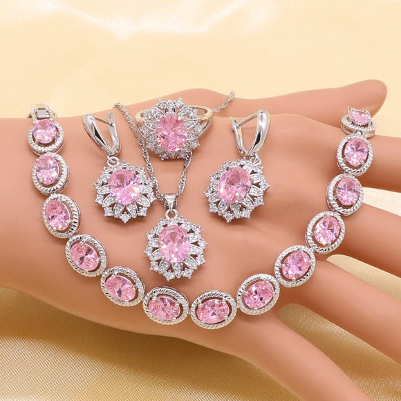 New Pink Cubic Zirconia Sterling Silver Jewelry Set for Women with Bracelet Earrings Necklace Pendant Ring Birthday Gift