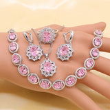 New Pink Cubic Zirconia Sterling Silver Jewelry Set for Women with Bracelet Earrings Necklace Pendant Ring Birthday Gift