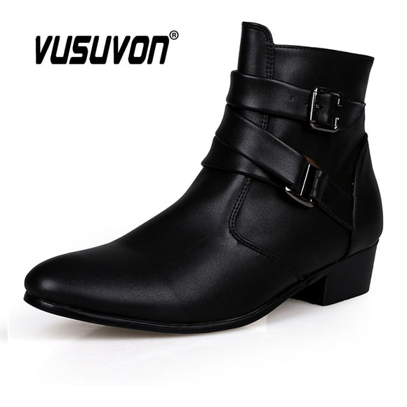 VUSUVON Fashion Men Spring Autumn Pointed Toe Height Increase Chelsea Ankle Boots Western High Top Casual Shoe PU Leather Martin