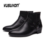 VUSUVON Fashion Men Spring Autumn Pointed Toe Height Increase Chelsea Ankle Boots Western High Top Casual Shoe PU Leather Martin