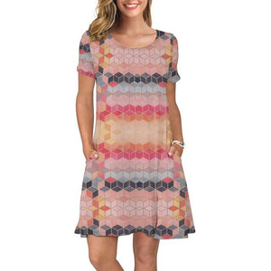 Summer Dress Women's Fashion O-neck Geometric Printing Casual Loose Short-sleeved Dress Retro Dress Платье Женщины