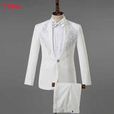 White Sparkly Crystals Embroidery Mens Suits With Pants Wedding Groom Tuxedo Suit Men Stand Collar Stage Costume Homme Mariage