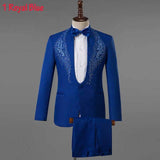White Sparkly Crystals Embroidery Mens Suits With Pants Wedding Groom Tuxedo Suit Men Stand Collar Stage Costume Homme Mariage