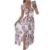 Summer Deep V-Neck Sleeveless Beach Dress Elegant Women Chiffon Split Maxi Party Dress Vintage Floral Print Long Dresses