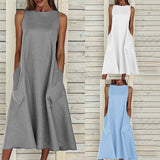 Summer Dress Fashion Women Solid Comfy Summer O-Neck Ladies  Pockets   Sleeveless Dress платье летнее женское2021