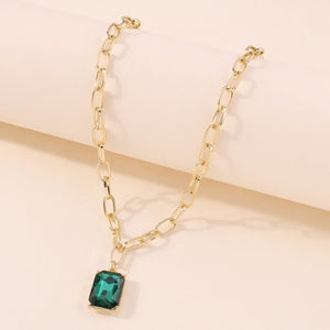 WG Fashion Simple Square Green Crystal Clavicle Chain Necklace Geometric Wild Single Layer Necklace For Women Jewelry