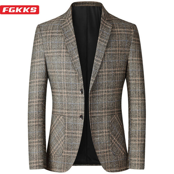 FGKKS 2021 Spring Men’s Plaid Blazers British Printed Wedding Business Casual Blazer Suit Jacket Male Formal Blazers