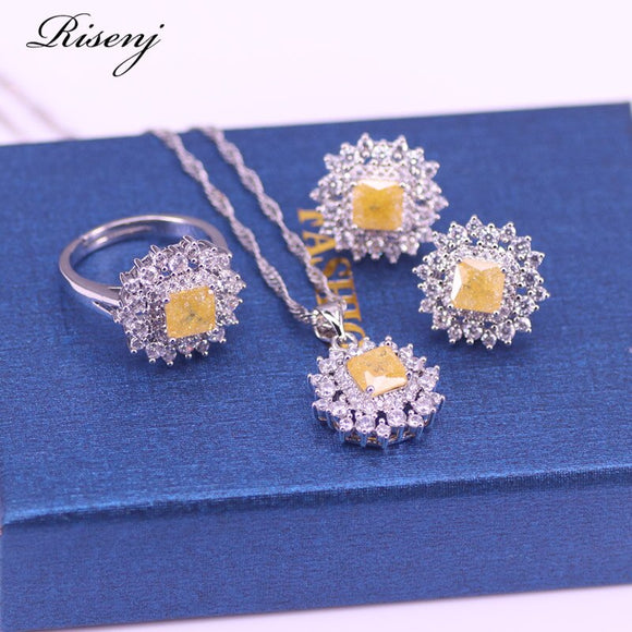 Many Colors Unique Orange Zircon 925 Sterling Silver Jewelry Stud Earrings Adjustable Ring Necklace Set Bridal Jewelry