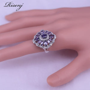 Risenj Luxury Purple Zircon & Crystal 925 Sterling Silver Jewelry Set For Women Stud Earrings Ring Necklace Set Bridal Jewelry