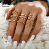 Tocona 8pcs/sets Hollow Out Rings for Women Men Charms Clear Crystal Stone Gold Chain Rings Bohemian Jewelry Accessories Anillo