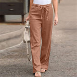 Women 2021 Wide Leg Pants Vintage High Elastic Waist Female Streetwear Linen Straight Casual Long Pants Trousers Broek