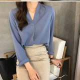 Korean Style Women Casual V Neck Blouse Long Sleeves Chiffon Work Fashion Loose Solid Color Office OL Shirt Tops  J55