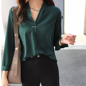 Korean Style Women Casual V Neck Blouse Long Sleeves Chiffon Work Fashion Loose Solid Color Office OL Shirt Tops  J55