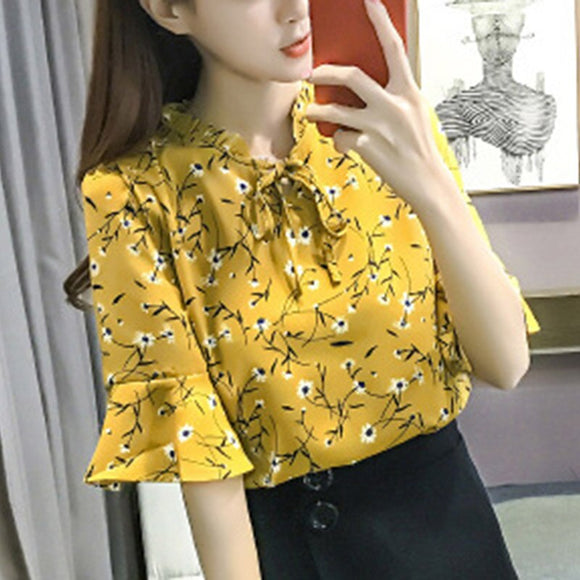 Women Floral Print Bell Sleeve Chiffon Blouse Shirts Tops for Summer TC21