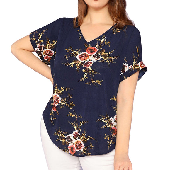blusas mujer de moda 2021 Fashion Women Plus Size V-Neck Short Cuffed Sleeve Floral Print Casual Top 5xl ropa mujer