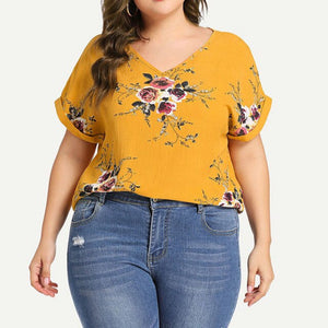 blusas mujer de moda 2021 Fashion Women Plus Size V-Neck Short Cuffed Sleeve Floral Print Casual Top 5xl ropa mujer