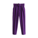 BLSQR Fashion Violet Women Suits Pants Blazer High Waist Belt Pants Office Ladies Trousers