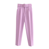 BLSQR Fashion Violet Women Suits Pants Blazer High Waist Belt Pants Office Ladies Trousers