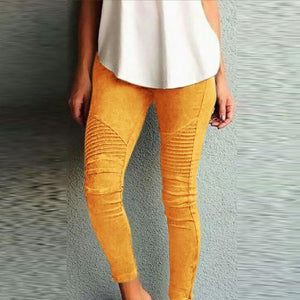 Women Fashion Solid Color Elastic Waistband Slim Skinny Pencil Trouser