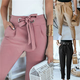 Women Spring Summer Calf Length Pants High Waist Pockets Lace Up Ladies Solid Color Casual Trousers