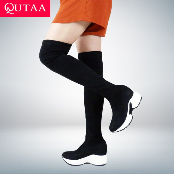 QUTAA 2022 Stretch Fabrics Over The Knee Boots Height Increasing Round Toe Women Shoes Autumn Winter Casual Long Boots Size34-43
