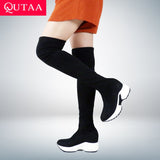 QUTAA 2022 Stretch Fabrics Over The Knee Boots Height Increasing Round Toe Women Shoes Autumn Winter Casual Long Boots Size34-43