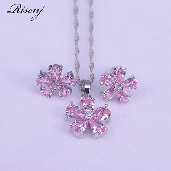 Many Colors Flower Princess Pink 925 Sterling Silver Jewelry Set For Women Stud Earrings Necklace Pendant Costume Jewelry Set