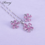 Many Colors Flower Princess Pink 925 Sterling Silver Jewelry Set For Women Stud Earrings Necklace Pendant Costume Jewelry Set