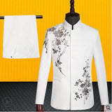 Stand Collar White Men's Suit Sparkly Sequins Blazers Pants Male Singer Host Stage Costume Chorus Performance Suits Wedding Show
