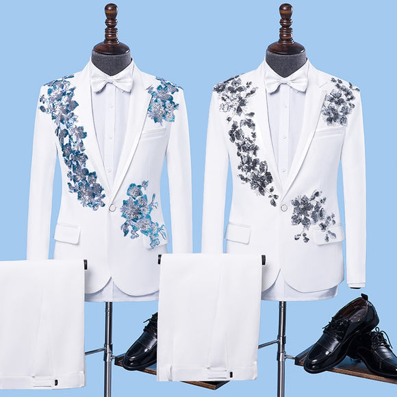 Mens Chinese Style Stand Collar Double-side 3D Crystal Embroidery Flowers Suits Jacket Tide Bar Mens Wedding Blazer Masculino