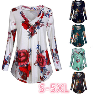 5XL Plus Size Women Tunic Shirt Women Plus Size Long Sleeve Print V-neck Blouses Button Pullover Tops Shirt Tops With Button