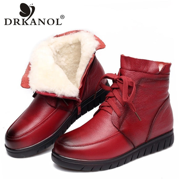 DRKANOL 2021 Women Snow Boots Vintage Genuine Leather Natural Wool Fur Winter Warm Ankle Boots For Women Flat Mother Shoes H7075
