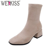 WETKISS Stretch Flock Boots Women Sock Ankle Boot Female Square Toe Thick Heels Shoes Ladies Fashion Suede Winter Boots 2021 NEW