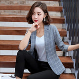 Plaid Autumn Plus Size Cotton Linen Blazer Women Office Lady Suit Single Breasted Business Female Blazer Coat Casual Chic Jacket