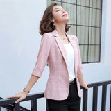 Plaid Autumn Plus Size Cotton Linen Blazer Women Office Lady Suit Single Breasted Business Female Blazer Coat Casual Chic Jacket