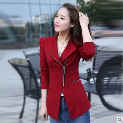 Women Office Lady Wear Suit Blazer Solid Casual Coat Jacket Long Sleeve Notched Collar Outwear Zipper Decor Business Blazers