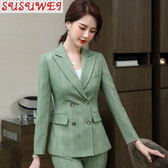 High quality S-4XL women's business pants suit two-piece 2021 new temperament double breasted plaid female jacket Slim trousers
