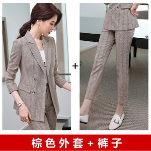 High quality S-4XL women's business pants suit two-piece 2021 new temperament double breasted plaid female jacket Slim trousers