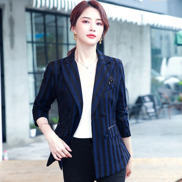 2021 New Plus Size Women Coat Business Suit Spring Stripe Slim Long-sleeve Blazer Women Double Breasted Classic Striped Blazer