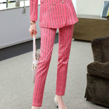 Long Sleeve Pink Striped Patchwork Blazers Women Pants Suits Plus Size Business Casual Office Wear Jacket Cropped Trousers 5XL