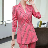 Long Sleeve Pink Striped Patchwork Blazers Women Pants Suits Plus Size Business Casual Office Wear Jacket Cropped Trousers 5XL