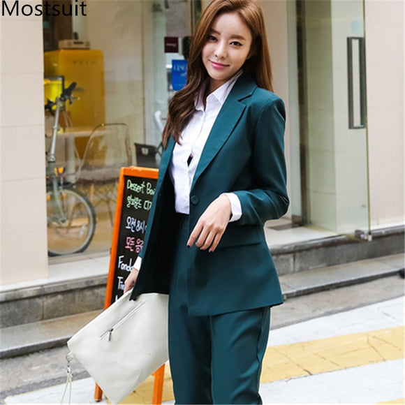Korean Casual Women Pant Suit Sets Single Buttons Blazer Jacket + Pencil Pants Sets Women Fashion Office Business 2 Piece Suits