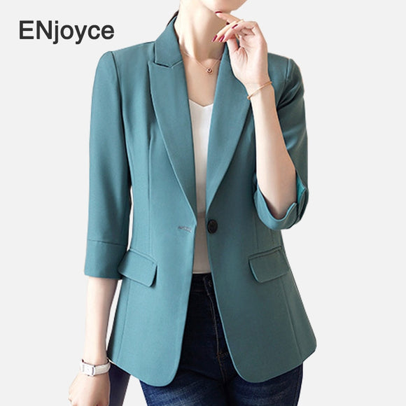 Spring Fall Women Vintage Green Blazer Professional Work Wears Half Sleeve Slim Suits Office Ladies Business Hotel Uniform