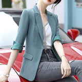 Spring Fall Women Vintage Green Blazer Professional Work Wears Half Sleeve Slim Suits Office Ladies Business Hotel Uniform
