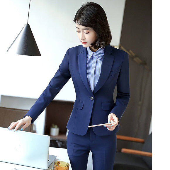 YUSHU 2020 New Fashion Two Piece Set Suit Women Autumn Black Notched Office Work Blazer Suits Elegant Business Pant Suits