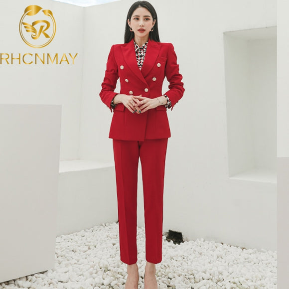 Fashion Office Lady Pant Suits Red 2 Piece Set For Women Double breasted Blazer & Pencil Pants Korean Business Set Autumn