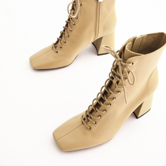 Shoes  Lace Up Boots Ankle Booties Women Boots-women Low Ladies Leather 2020 High Heel Rock Fabric PU Square Toe Basic Solid